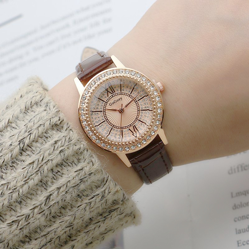 Đồng hồ nữ GOGEY02  dây da mặt tròn đính đá full viền sang trọng