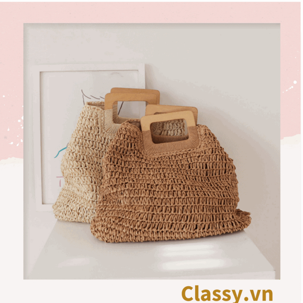 Túi cói Classy đan móc size lớn chất liệu giấy cao cấp, quai gỗ chất lượng, thân thiện với môi trường T994