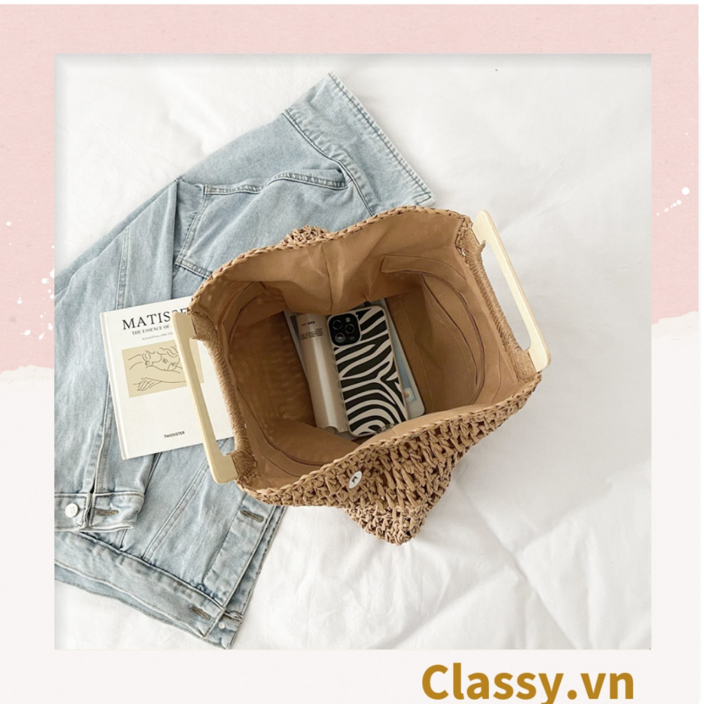 Túi cói Classy đan móc size lớn chất liệu giấy cao cấp, quai gỗ chất lượng, thân thiện với môi trường T994