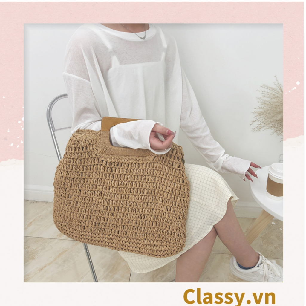 Túi cói Classy đan móc size lớn chất liệu giấy cao cấp, quai gỗ chất lượng, thân thiện với môi trường T994