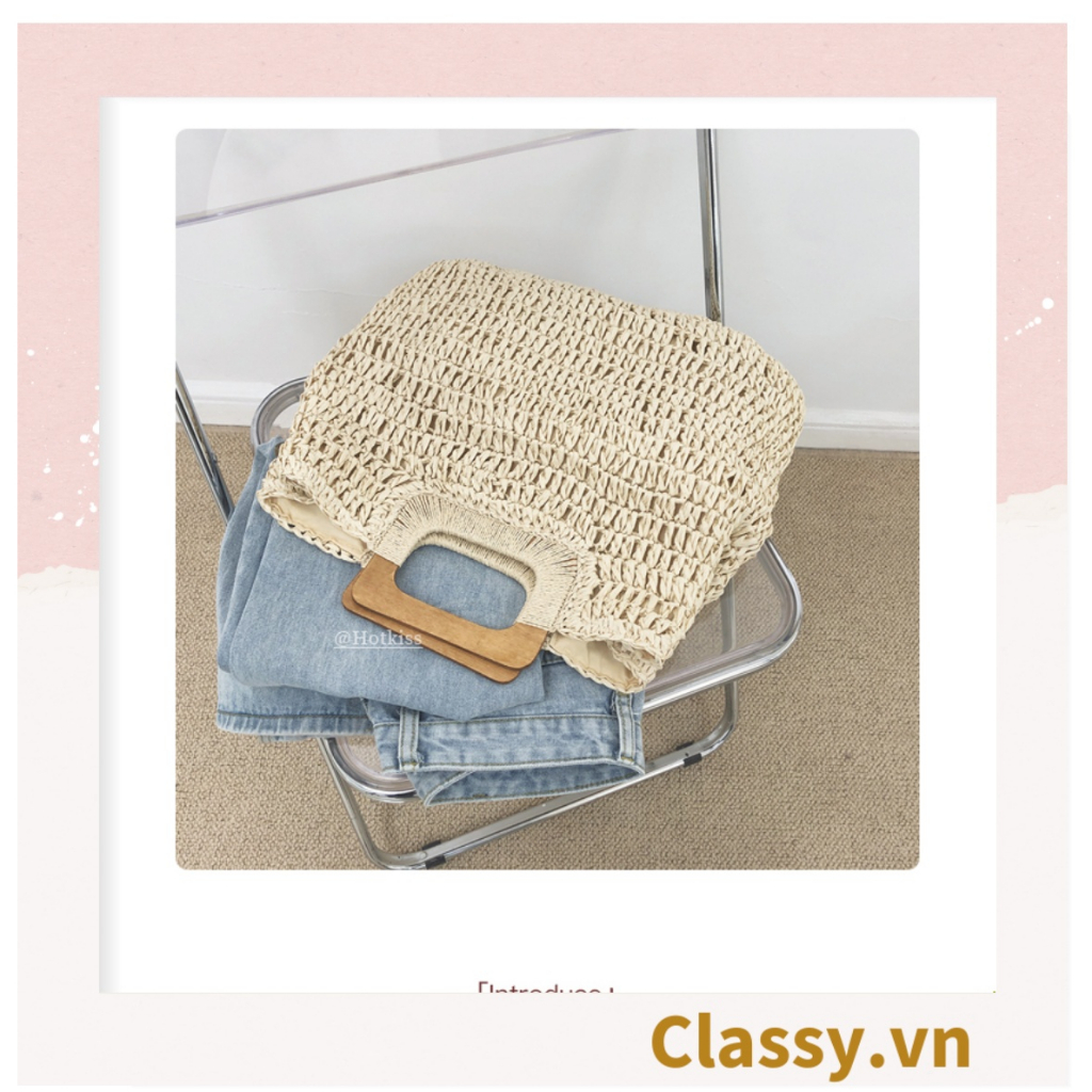 Túi cói Classy đan móc size lớn chất liệu giấy cao cấp, quai gỗ chất lượng, thân thiện với môi trường T994