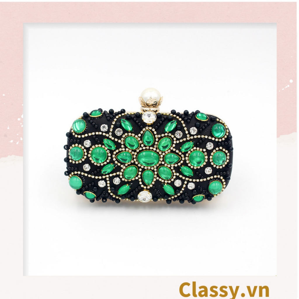 Clutch Classy cầm tay lụa satin 18.5x5.5x10CM, màu đen đính hạt mang lại nét thời trang thời thượng cho buổi tiệc T1187