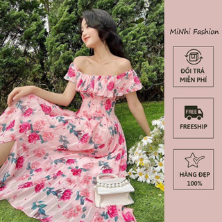 Đầm maxi hở vai hoa hồng, Váy xòe trễ vai vải hoa Cao Cấp dáng dài, mặc đi biển đi chơi, sexy quyến rũ - MiNhi Fashion