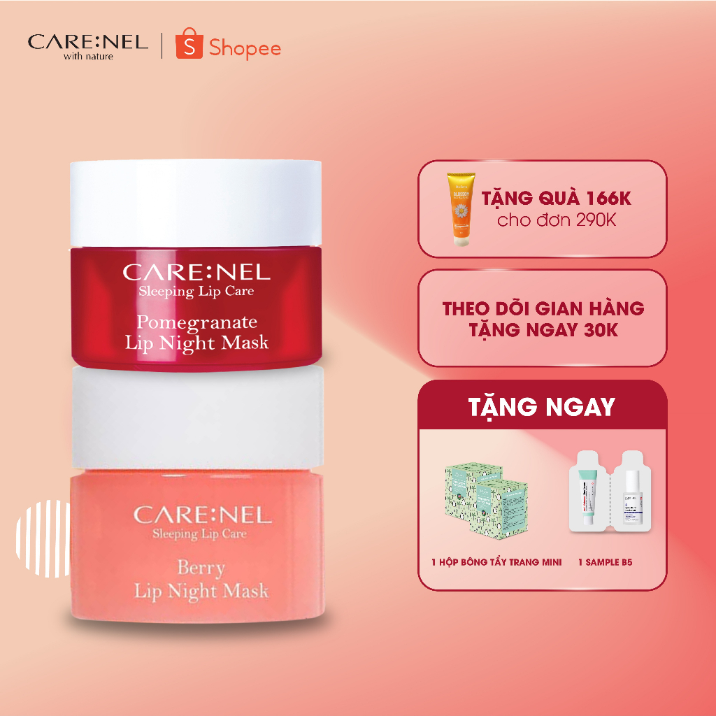 Combo 2 Mặt nạ ngủ môi lựu Care:Nel Pomegranate Lip Night Mask 5g + Mặt nạ ngủ môi dâu Carenel Berry Lip Night Mask 5g
