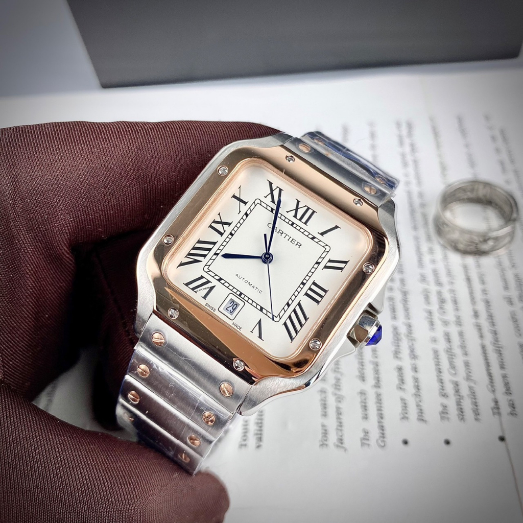 Đồng hồ nam dáng tank máy cơ automatic mặt trắng viền demi dây kim loại