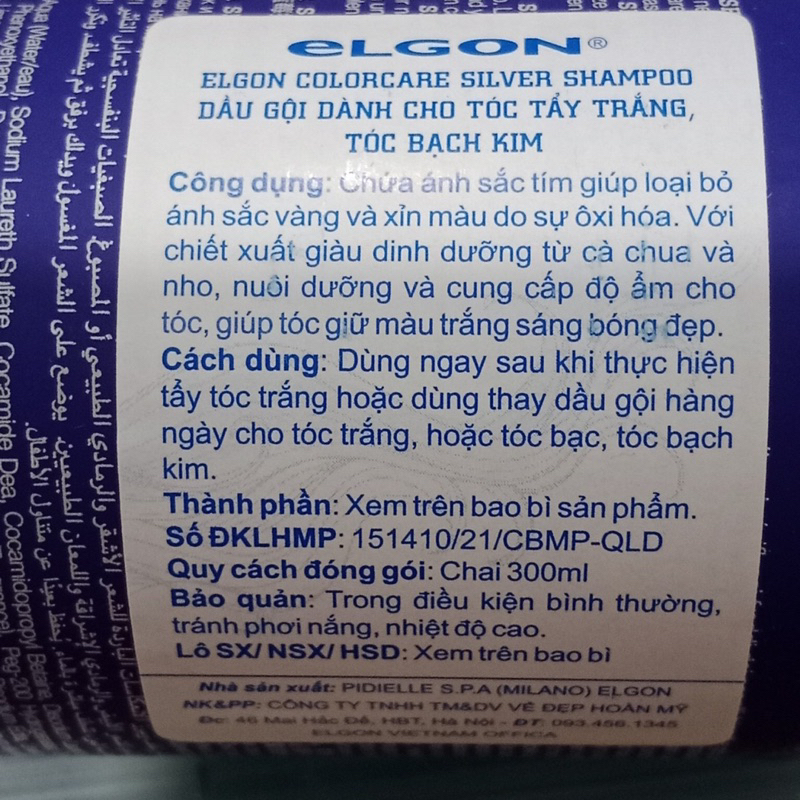 [Tặng mũ trùm][VAT] Dầu gội tím khử vàng Elgon Silver shampoo cho tóc bạch kim Ý