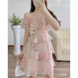 Váy Nữ Dáng xòe Tầng Họa Tiết Hoa trễ Vai Kiểu Dáng Thanh Lịch Trẻ Trung Thích Hợp Mặc Đi Chơi Đi Biển