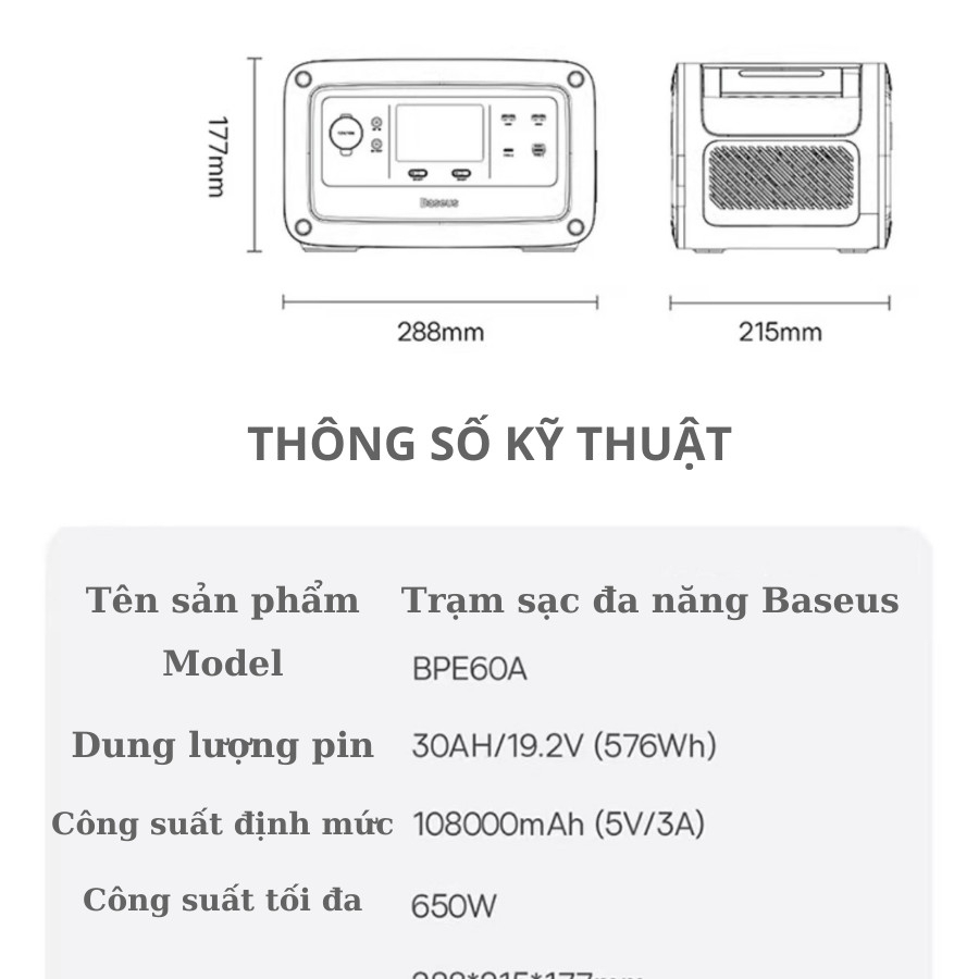 Trạm sạc đa năng Baseus công xuất đầu ra 600w/576wh dung lượng lưu trữ 108.000mAh, kích thước 29*22*18cm