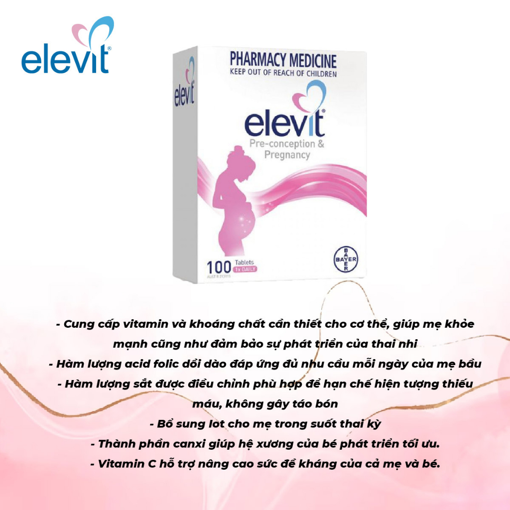 Elevit bầu Healthy Baby Healthy Mum hỗ trợ tăng cường sức khoẻ, hỗ trợ thai kỳ khoẻ mạnh 100 viên Bayer Úc