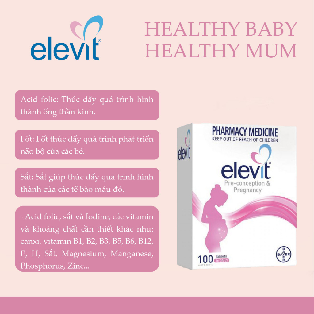 Elevit bầu Healthy Baby Healthy Mum hỗ trợ tăng cường sức khoẻ, hỗ trợ thai kỳ khoẻ mạnh 100 viên Bayer Úc