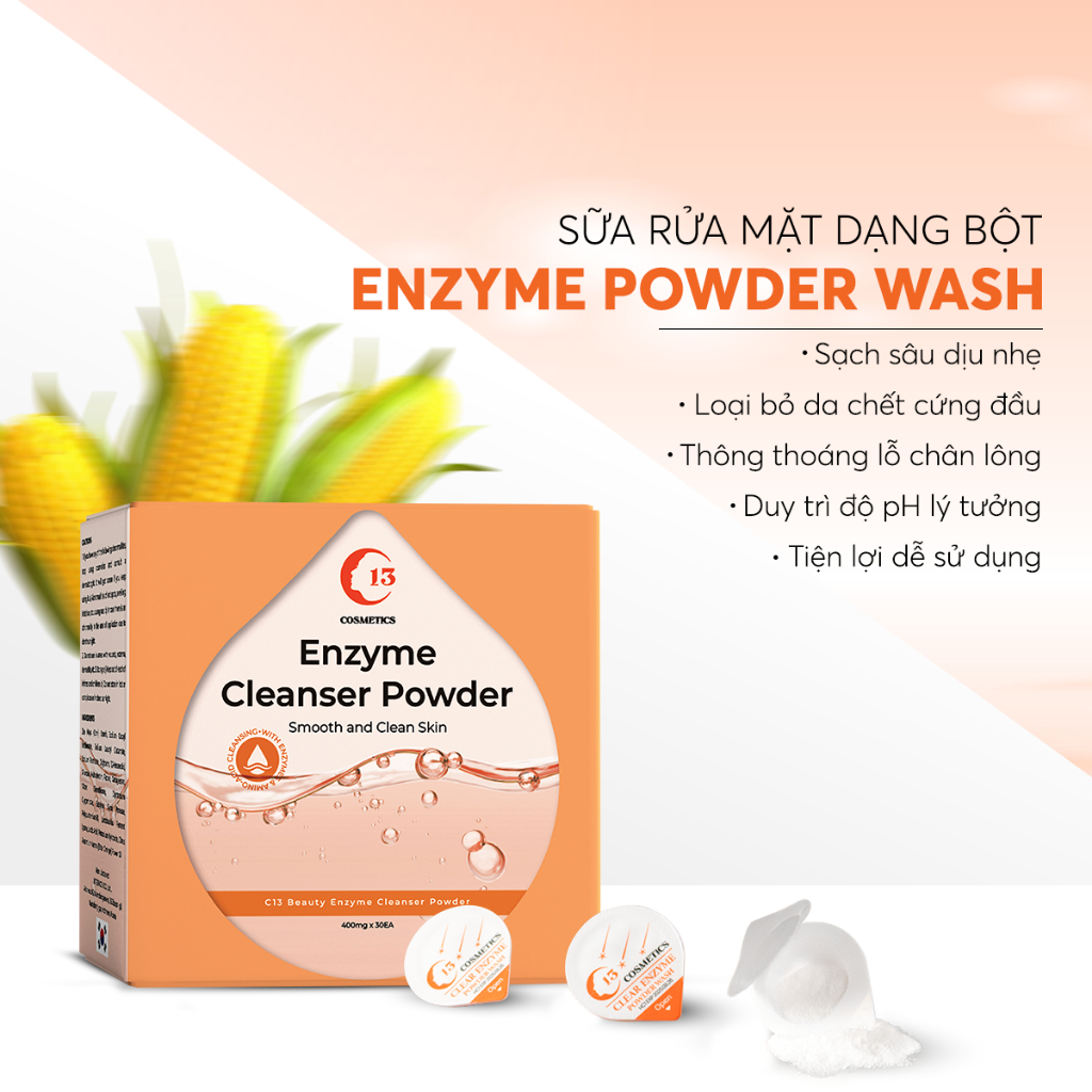 Túi 10 Viên Rửa Mặt Dạng Bột Ngừa Mụn, Tẩy Tế Bào Chết Công Nghệ Enzyme Thực Vật C13 Cosmetics Clear Enzyme Powder Wash