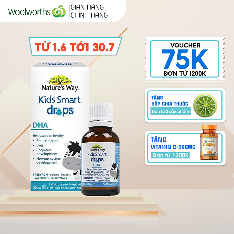 Siro bổ sung DHA cho bé Nature's Way Kids Smart Drops DHA hỗ trợ phát triển trí não và mắt 20ml của Úc