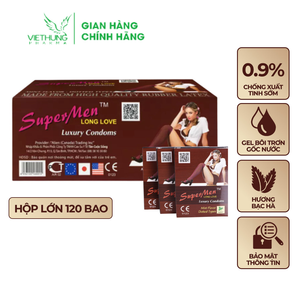 Bao cao su Supermen siêu mỏng chính hãng, bao cao su bi nhỏ kéo dài quan hệ, nhiều gel bôi trơn, Hộp 120 cái