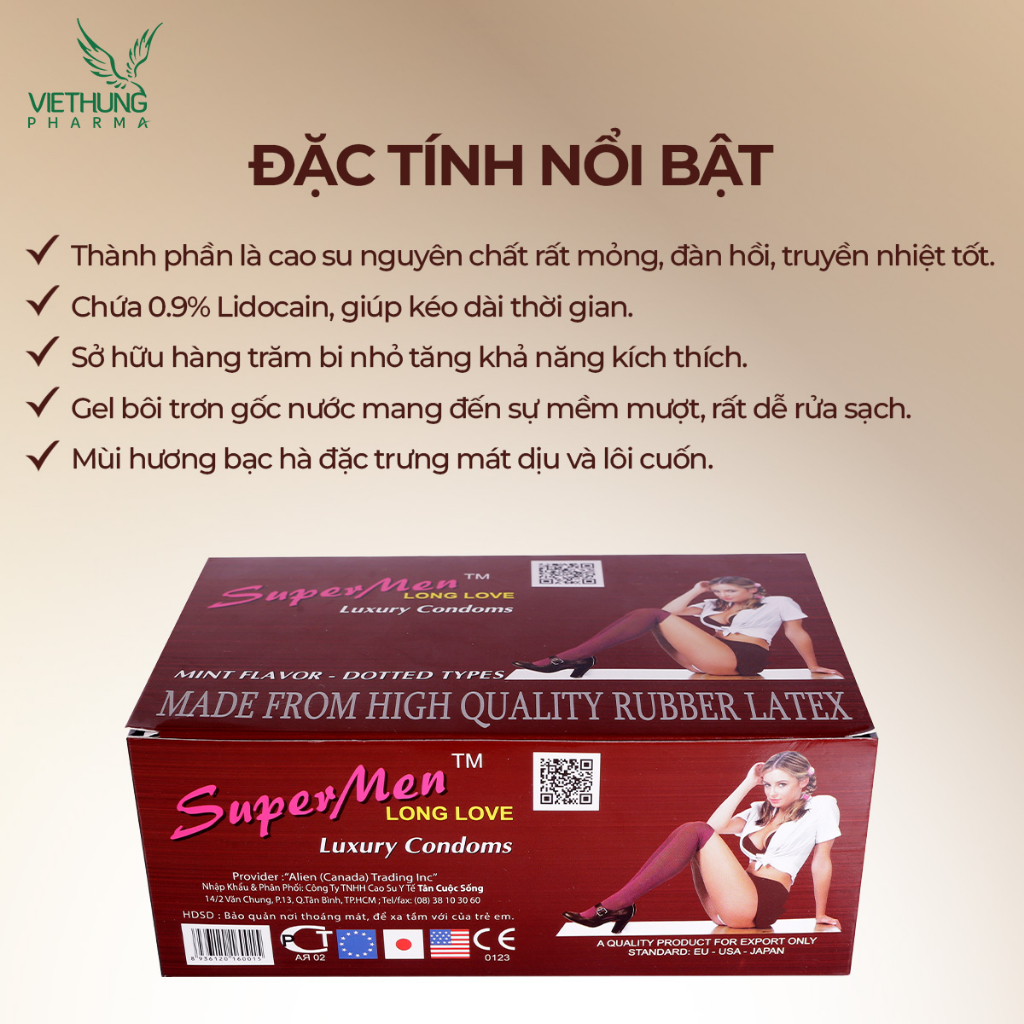 Bao cao su siêu mỏng Supermen, có chấm bi nhỏ kéo dài thời gian, nhiều gel bôi trơn, hộp 10 bao