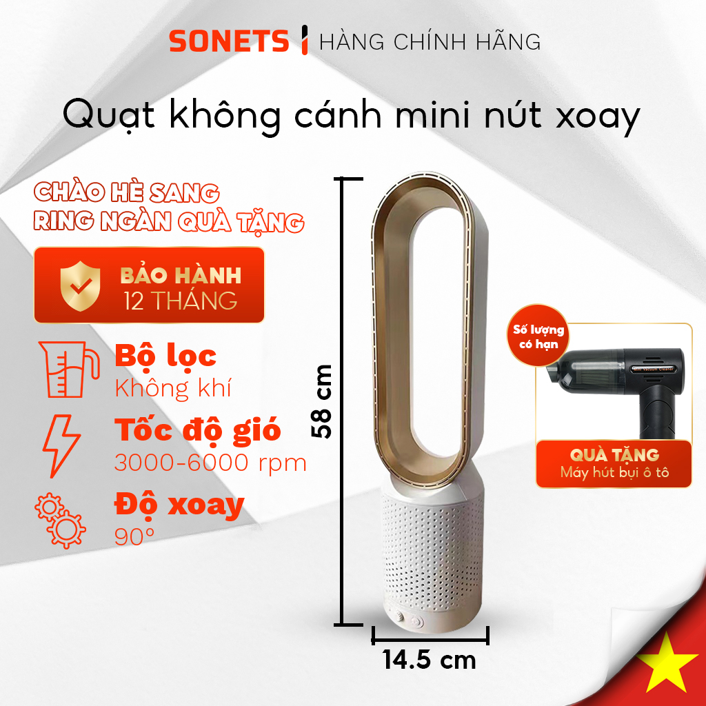 Quạt Không Cánh Điều Khiển Từ Xa Nút Xoay Điều Chỉnh Tích Hợp Máy Lọc Không Khí Bằng Ion Âm Lọc Bụi, Diệt Khuẩn SONETS