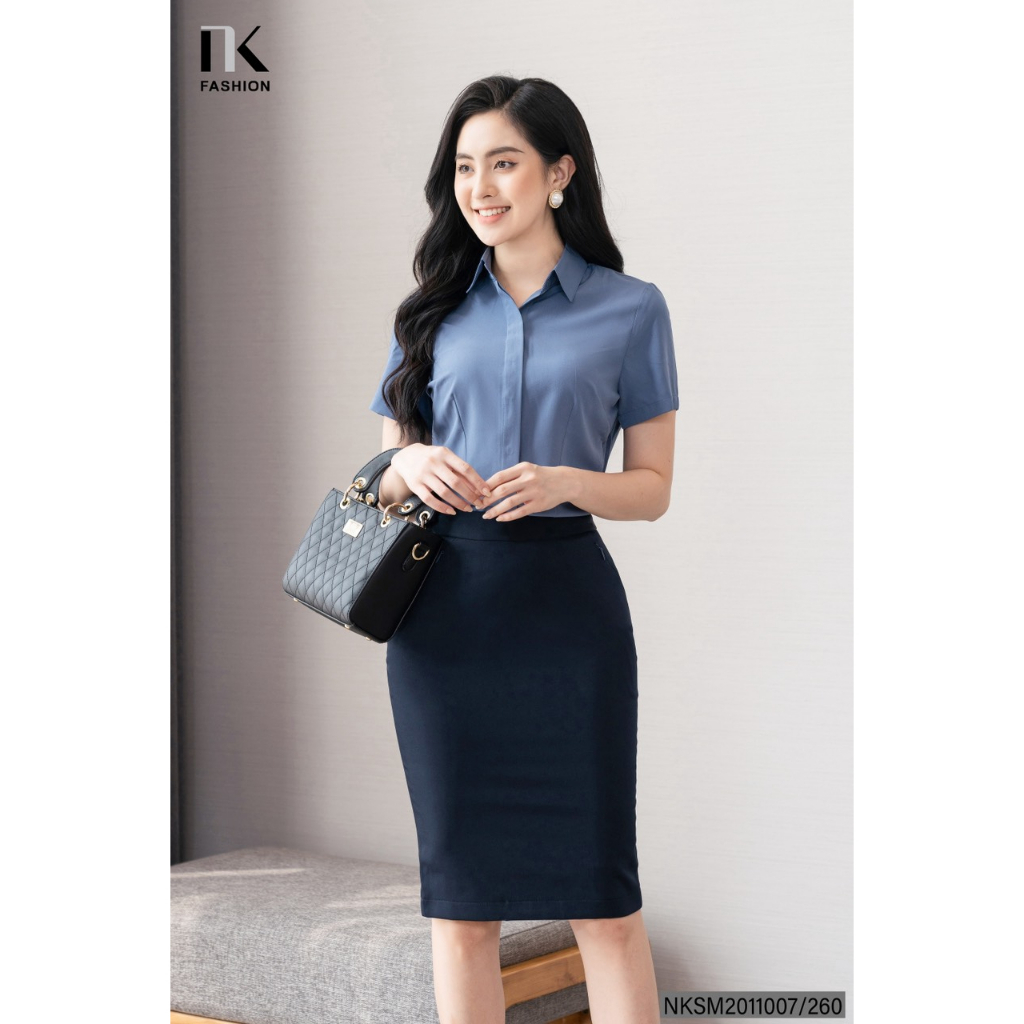 Áo sơ mi nữ cổ đức ngắn tay thiết kế kiểu dáng trơn basic công sở thời trang UK Fashion NKSM2011007B