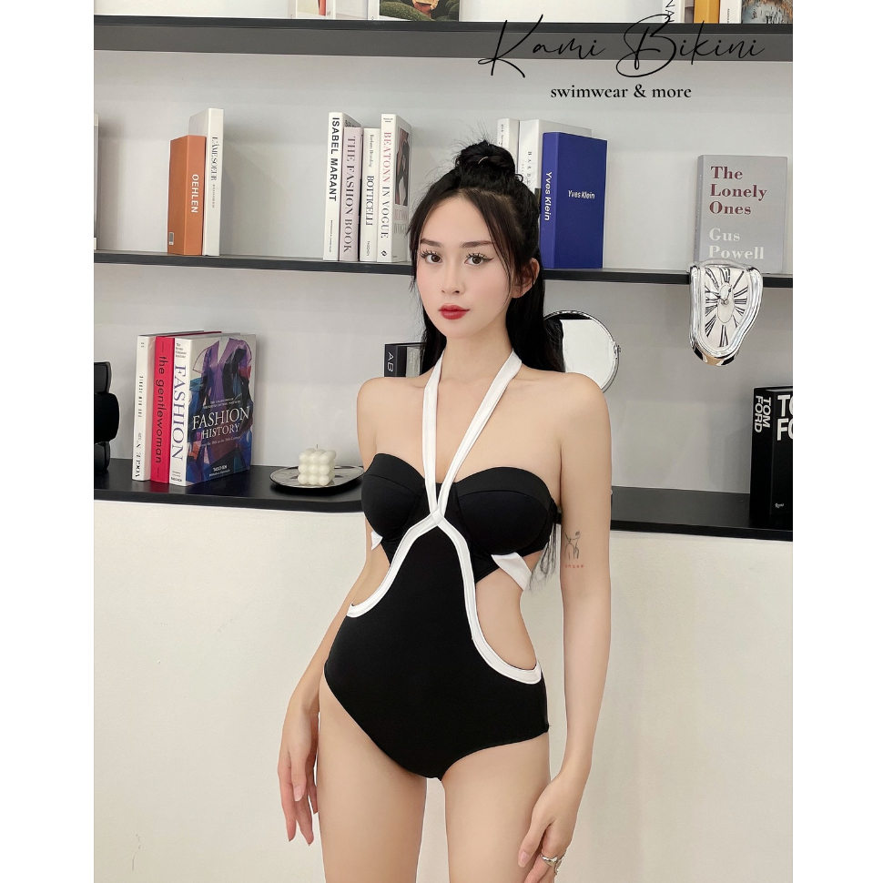 (Ảnh Thật) Bikini KAMI 1 mảnh liền thân viền trắng buộc cổ sang chảnh hottrend 2023 freesize