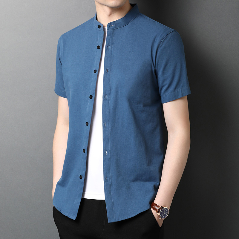 Áo sơ mi nam VICENZO cổ tàu tay ngắn dáng dài, sơ mi nam vải đũi cổ tàu-ASMN02