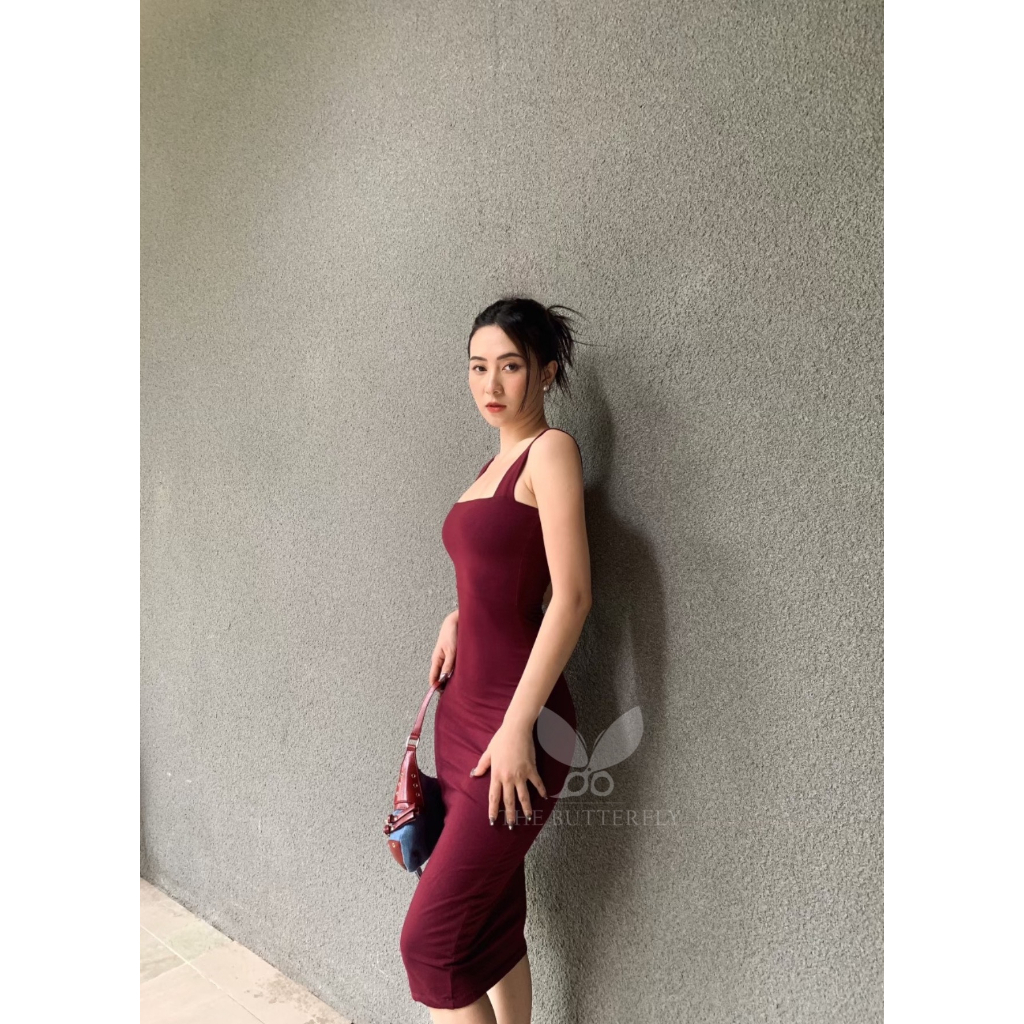 Đầm/Váy Ôm Body 2 Dây Bản To Dài Qua Gối Đỏ Đô The Butterfly