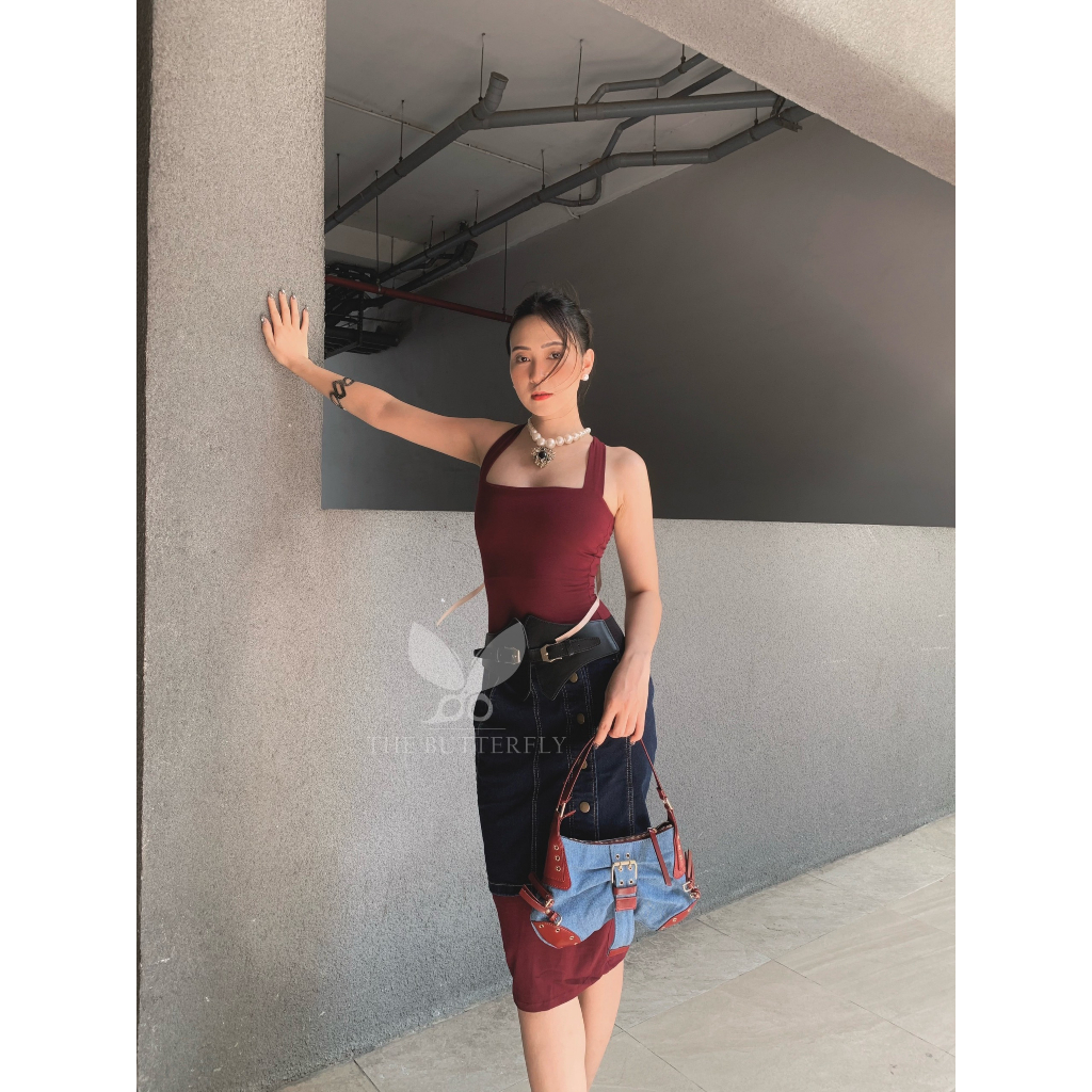 Đầm/Váy Ôm Body 2 Dây Bản To Dài Qua Gối Đỏ Đô The Butterfly