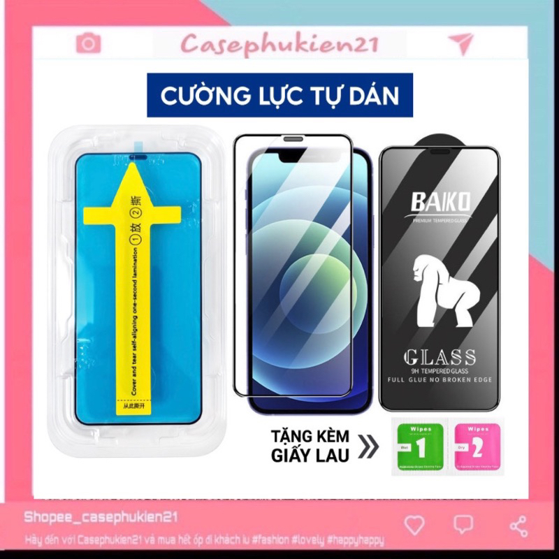 Kính Cường Lực Iphone BAIKO và Tự Dán Blue Arrow Che Bụi  Full Màn