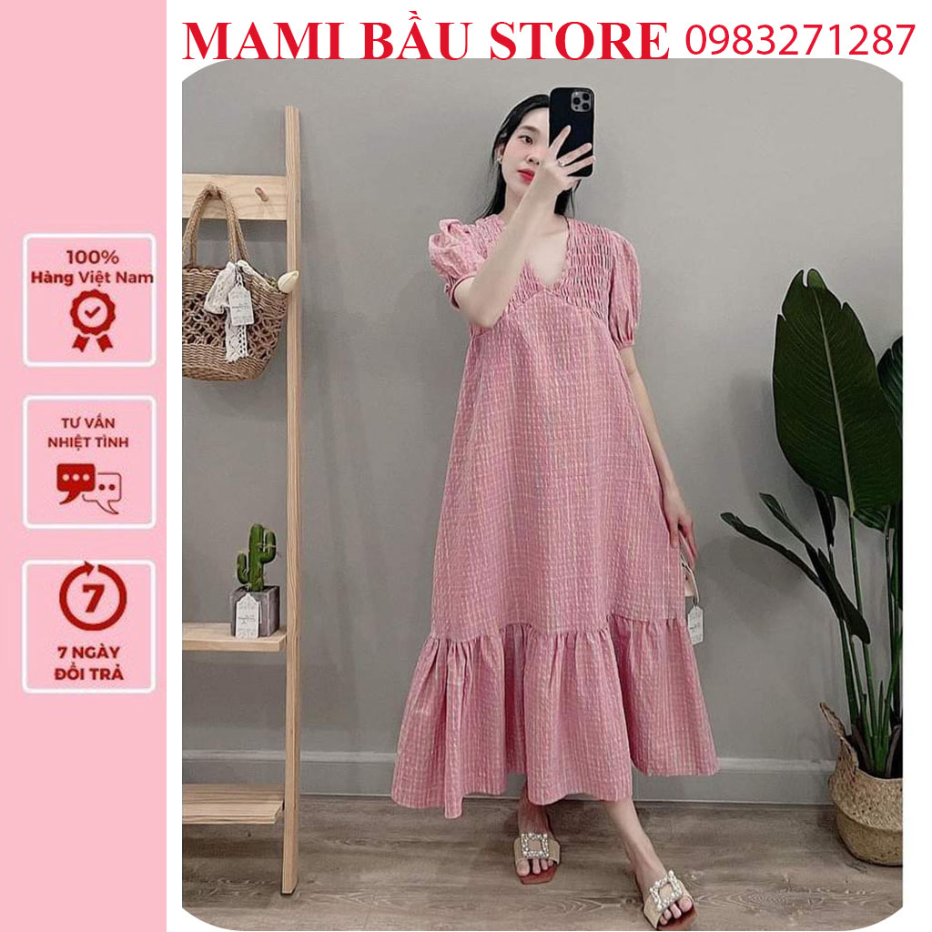 [V373 Mẫu Mơi] Đầm Váy Bầu Công Sở Màu Hè Tiểu Thư Sang Chảnh - Đầm Bầu Kẻ Hồng Babydoll Xinh Dáng Suông