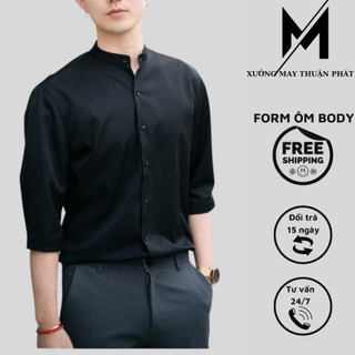 Áo sơ mi nam dài tay cổ tàu cổ trụ basic. Áo dài tay cổ tàu dáng ôm slimfit