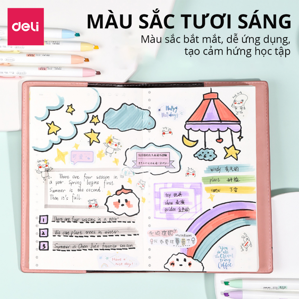 Set 6 bút highlight dạng bấm nhớ dòng đánh dấu màu pastel tươi sáng cute Deli dạ quang tiện lợi cho học sinh văn phòng