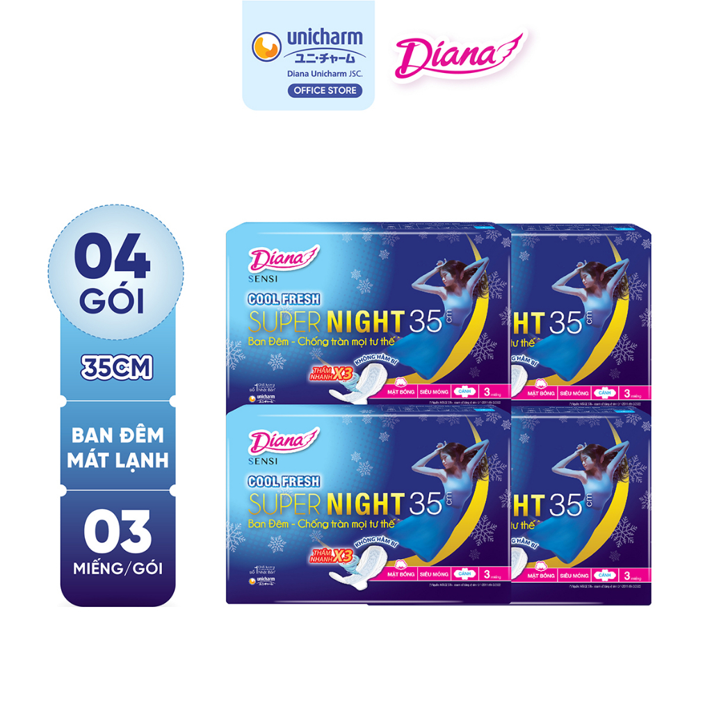 Bộ 4 gói băng vệ sinh Diana Sensi Cool Fresh Supernight 35cm 3 miếng/gói (New)