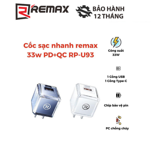 Cốc sạc nhanh Remax RP-U93 nhỏ gọn 1 cổng USB 1 cổng Type C Max 33W công nghệ GaN