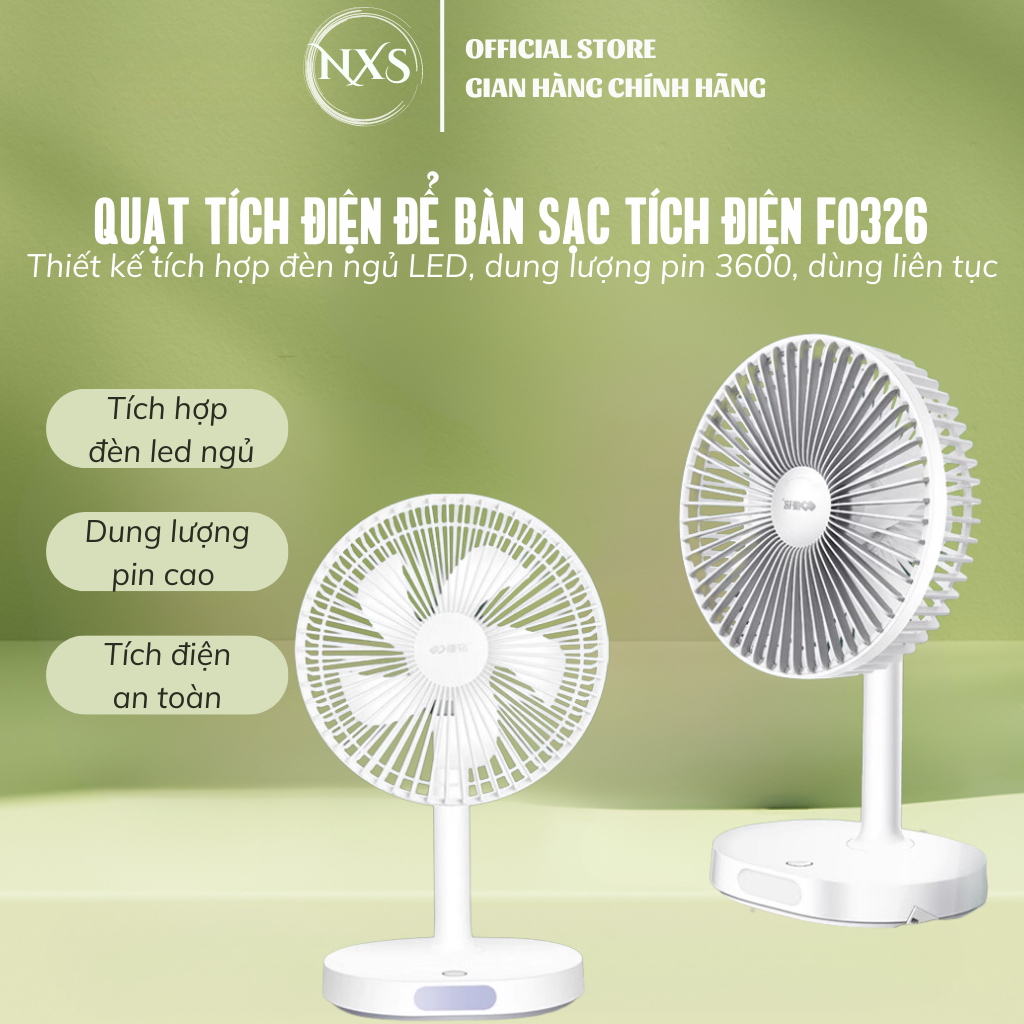Quạt tích điện để bàn KM-F0326 sạc pin tích điện 3 cấp độ gió dung lượng pin 3600mAH thời gian sử dụng từ 5-6 giờ có đèn