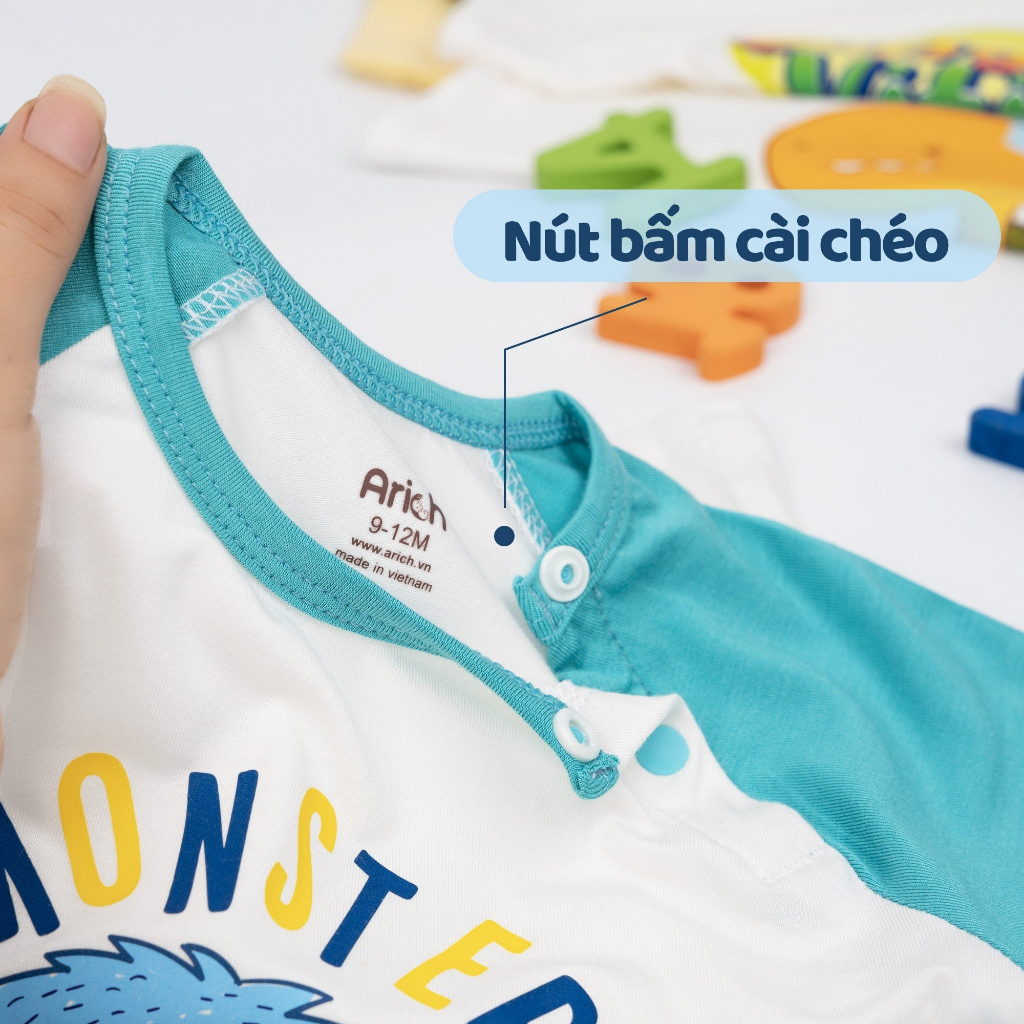 Bộ quần áo cộc tay cài vai Arich vải sợi tre mềm, mịn cho bé size từ 6 tháng đến 5 tuổi