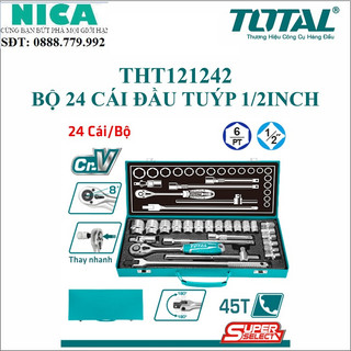 Bộ 24 đầu tuýp TOTAL THT121242 1/2inch gồm 18 đầu tuýp, 2 thanh mở rộng, 1 thanh trượt, 1 khớp nối, tay vặn, tay cầm