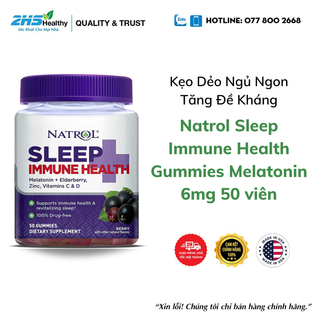 Kẹo dẻo ngủ ngon, tăng sức đề kháng Natrol Sleep Immune Health Gummies Melatonin 6mg 50 viên của Mỹ