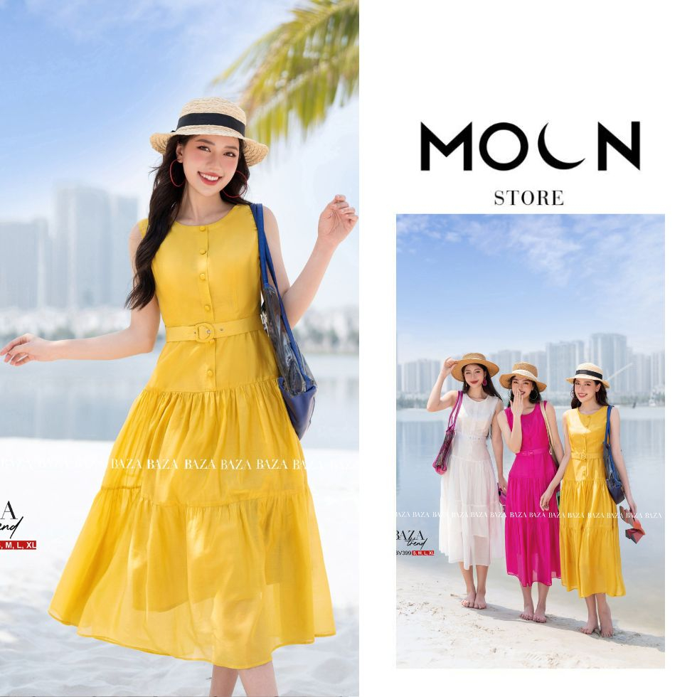 Váy nữ dáng dài không tay cổ tròn, đầm xòe tiểu thư thắt eo sang chảnh chất tơ nhật TBV399 Moon