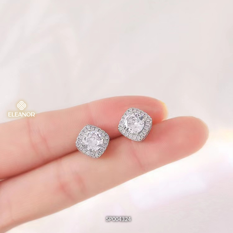 Bông tai nữ chuôi bạc 925 Eleanor Accessories nụ đính đá hình vuông lấp lánh phụ kiện trang sức 4324