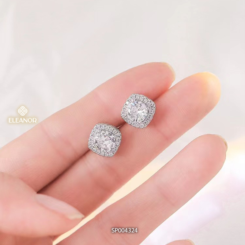 Bông tai nữ chuôi bạc 925 Eleanor Accessories nụ đính đá hình vuông lấp lánh phụ kiện trang sức 4324