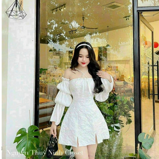 Đầm dự tiệc thời trang nữ sang chảnh đi chơi chát gấm cỗ trễ khoét vai tay dài nhún váy xoè mini xẻ lai trẻ trung