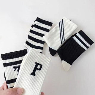 Tất Vớ Cotton Cổ Cao In Họa Tiết Kẻ Sọc Đen Trắng Phong Cách Hàn Quốc Cho Nữ