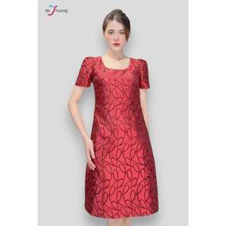 [Chính hãng] Đầm suôn nữ cổ U tay ngắn xếp vuông vải Tafta sang trọng - DE THUONG
