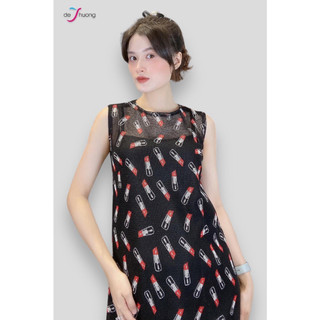 [Chính hãng] Đầm tunic nữ cổ tròn lai viền ren dập họa tiết cây son dễ thương - DE THUONG
