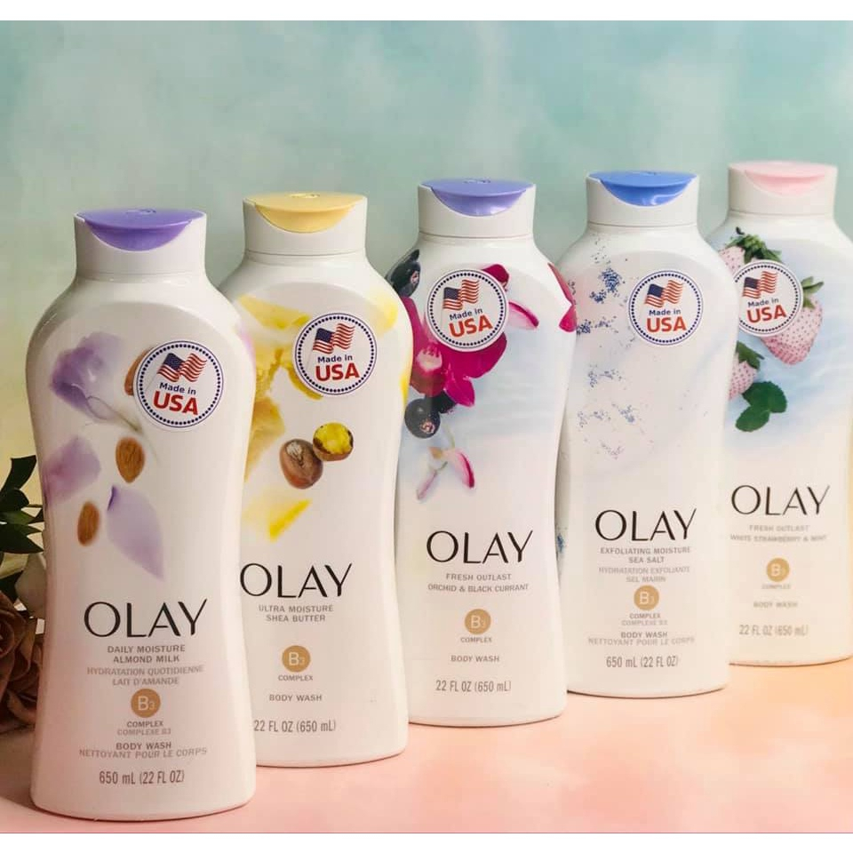 Sữa tắm nữ OLAY hàng nhập Fresh Outlast White Body Wash (650ml) dâu| hạnh nhân| muối biển| vitamin E