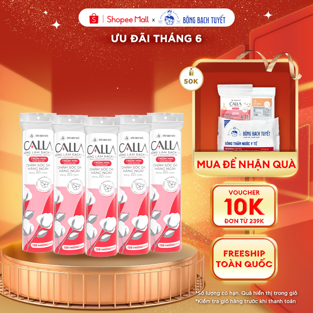 Combo 5 Gói Bông Tẩy trang làm sạch da Bông Bạch Tuyết Calla tròn mịn 120 miếng/gói