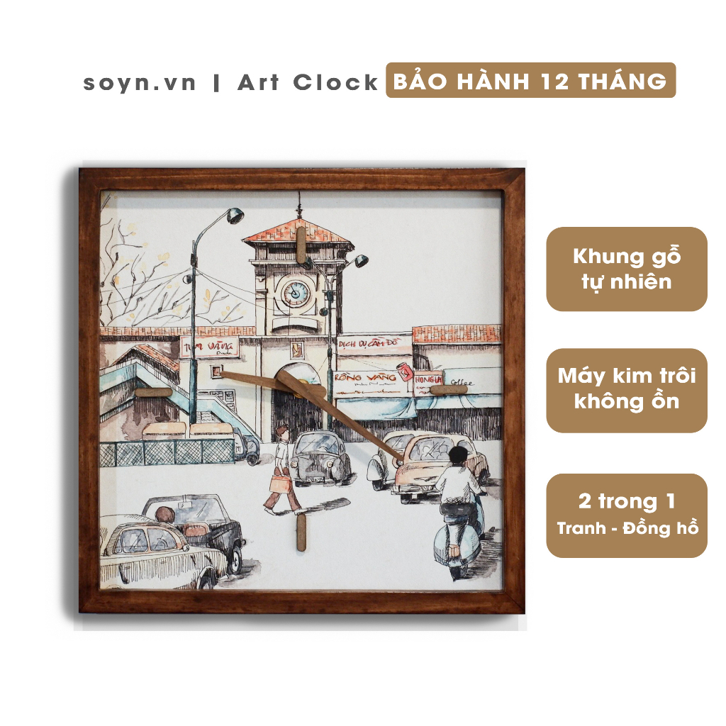 Đồng hồ treo tường gỗ tự nhiên | Tranh đồng hồ trang trí tường Chợ Bến Thành, Sài Gòn xưa, Artclock Soyn C158