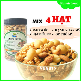 Mix hạt dinh dưỡng cho bà bầu gồm 4 loại nhân hạt (hạt macca Úc, hạnh nhân Mỹ, Óc chó Mỹ, hạt điều BP) Nunuts