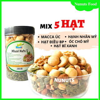 Mix hạt dinh dưỡng gồm 5 loại đã tách vỏ (hạt macca, hạt hạnh nhân, óc chó vàng, hạt điều, hạt bí ) Nunuts