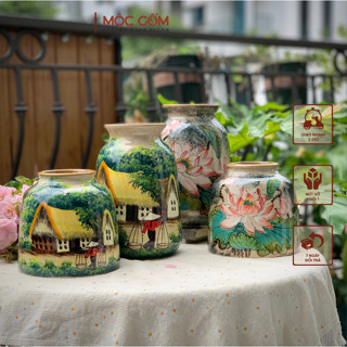  Bình cắm hoa gốm sứ Bát Tràng men xanh vẽ tay họa tiết cảnh làng quê thanh bình và đầm sen Mộc Gốm MG184 