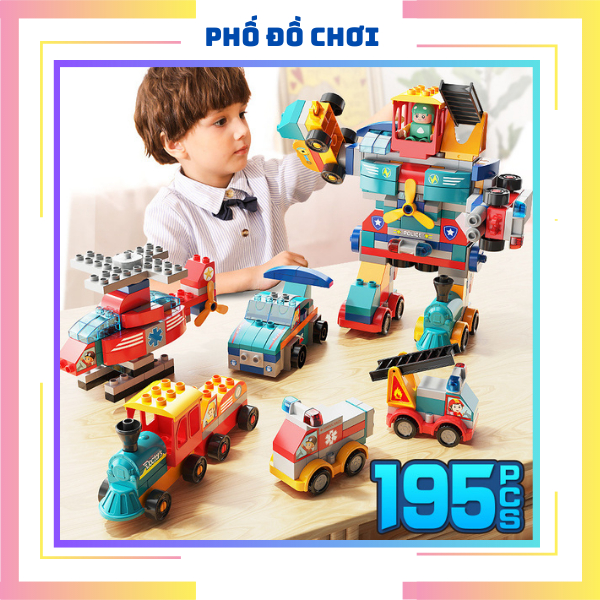 BỘ ĐỒ CHƠI LEGO FEELO DUPLO 195 CHI TIẾT XE ROBOT LẮP GHÉP NGƯỜI MÁY BIẾN