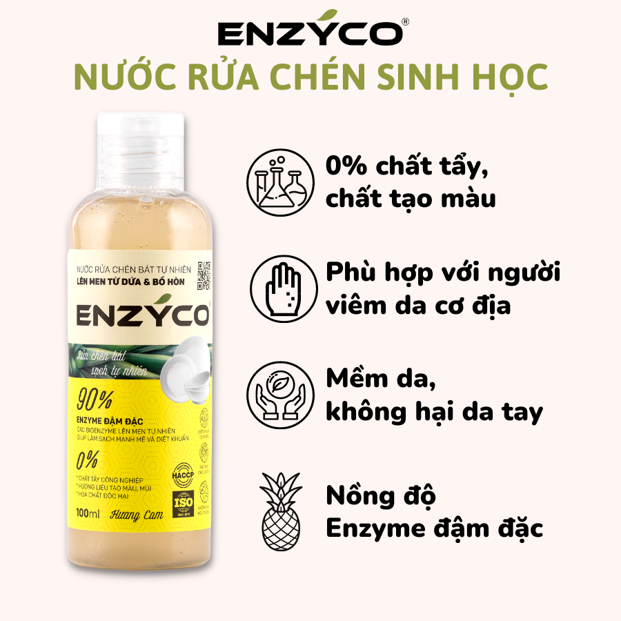 Nước Rửa Bát Sinh Học ENZYCO 90% Enzyme Tự Nhiên Từ Dứa Bồ Hòn 100ML Dishwashing Liquid