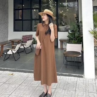 Váy suông cổ polo cộc tay đũi gân dáng xòe, đầm suông cổ sơ mi mềm mát